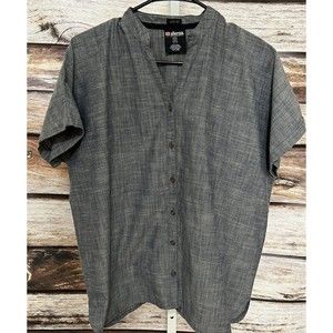 Sherpa Adventure Gear Sz Large UPF 40 Button Up Top Chambray Dark Gray